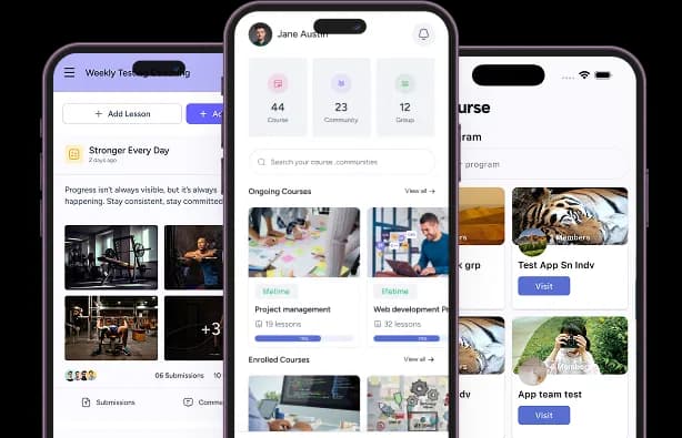 Mobile app preview showing EzyCourse interface